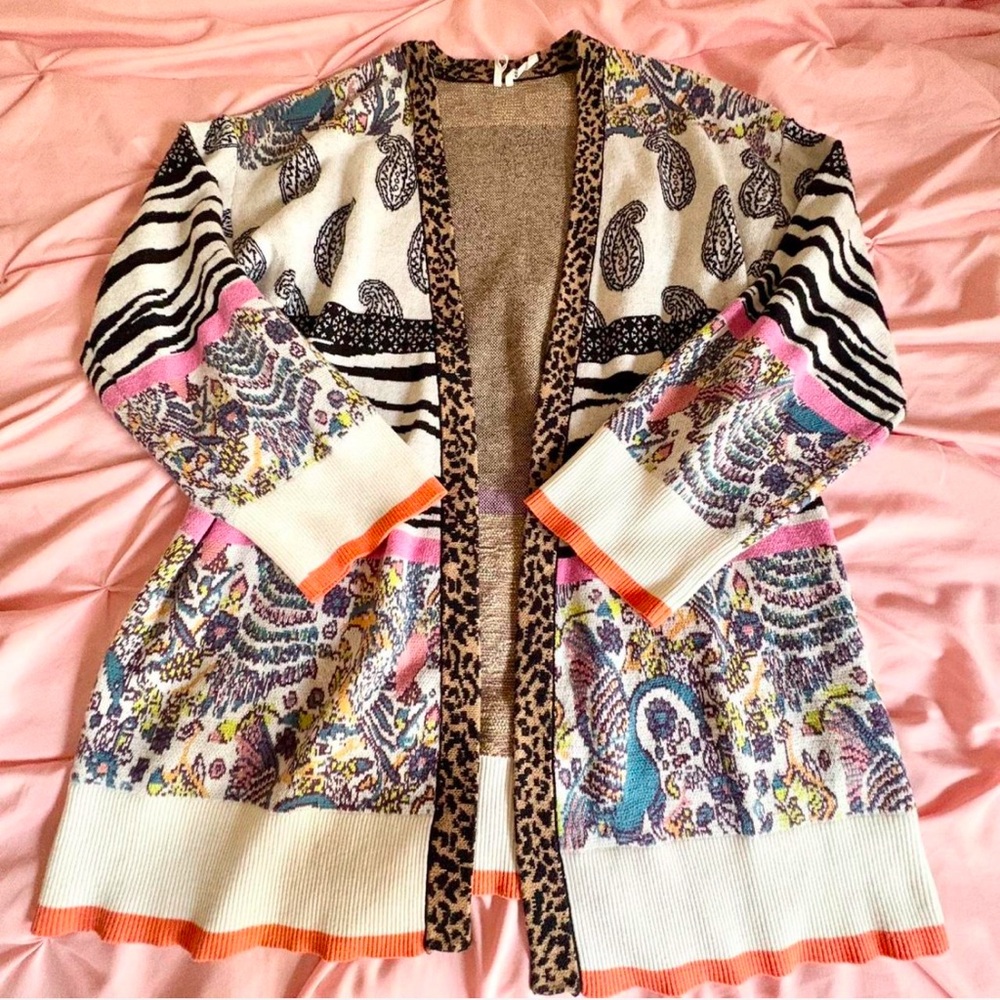 Anthropologie Pink and Orange Cardigan with Floral and Animal Print